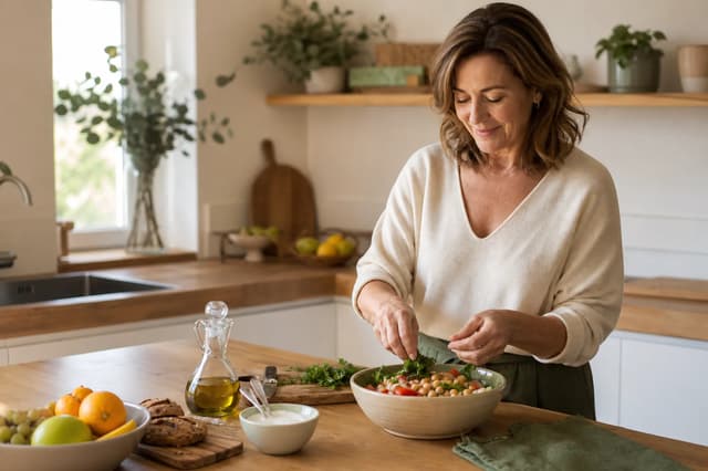 Mujer adulta preparando una comida con garbanzos, verduras, yogur, fruta y aceite de oliva