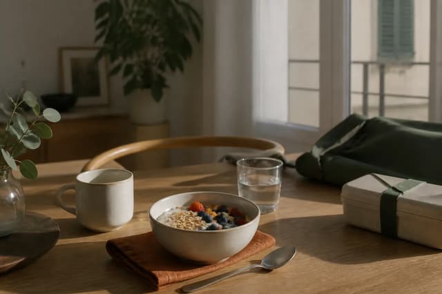 Desayuno con yogur, avena y fruta junto a una fiambrera y una bolsa de trabajo