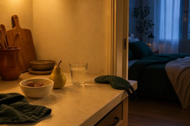Cocina tranquila por la noche con fruta, frutos secos, agua y un antifaz cerca del dormitorio