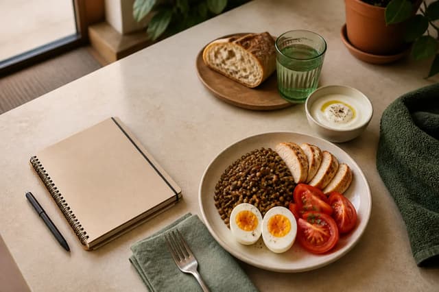 Comida con lentejas, huevo, pollo, yogur y pan junto a una libreta y una toalla de entrenamiento