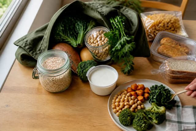 Compra con verduras, garbanzos, avena, yogur, pan y algunos alimentos envasados junto a un plato