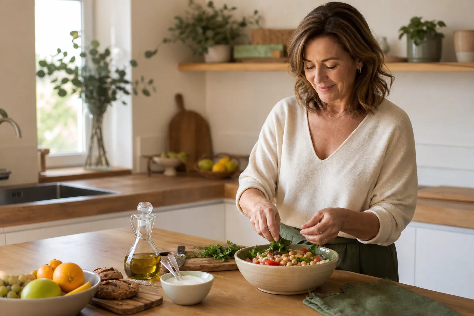 Mujer adulta preparando una comida con garbanzos, verduras, yogur, fruta y aceite de oliva