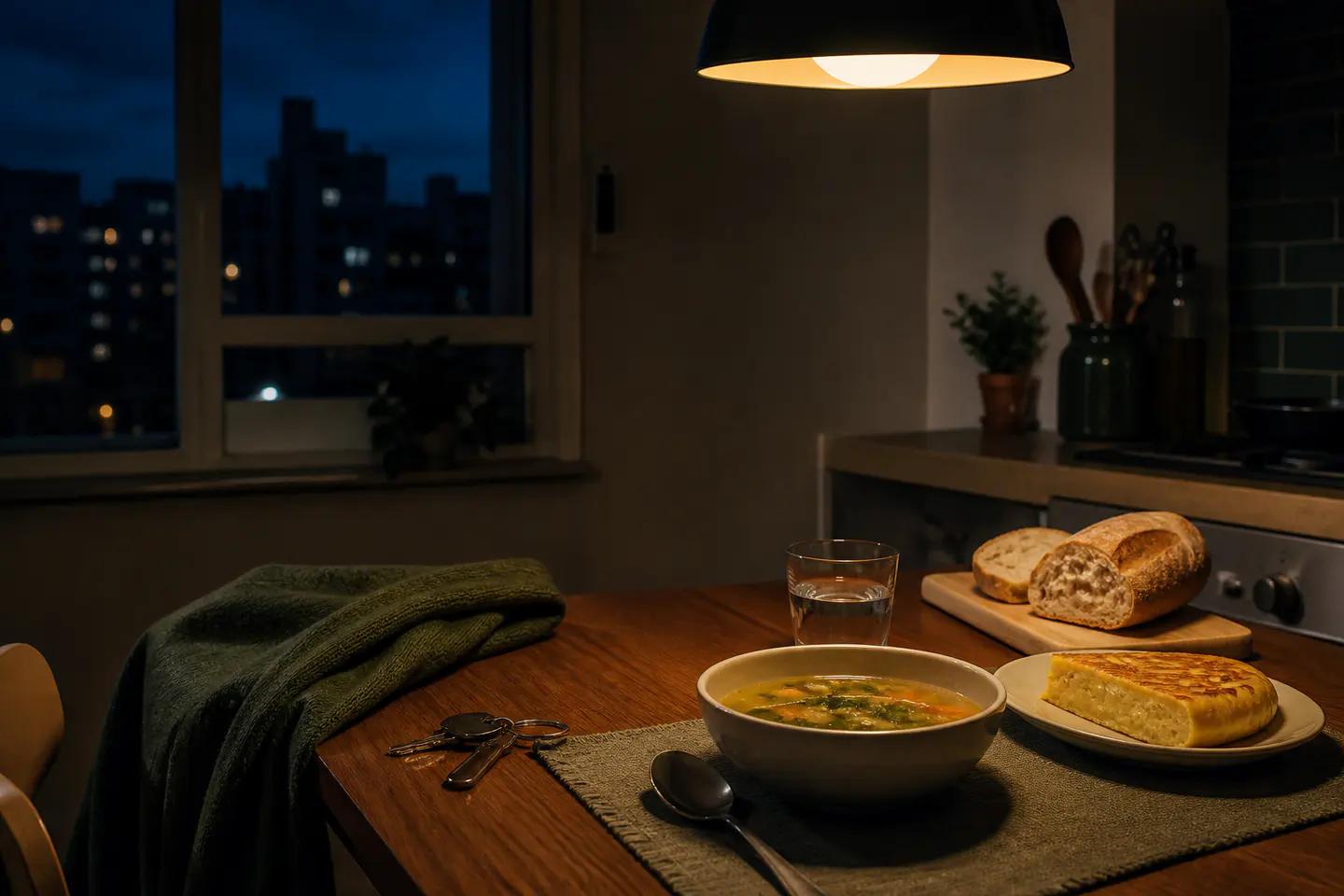Cena sencilla preparada en una cocina por la noche