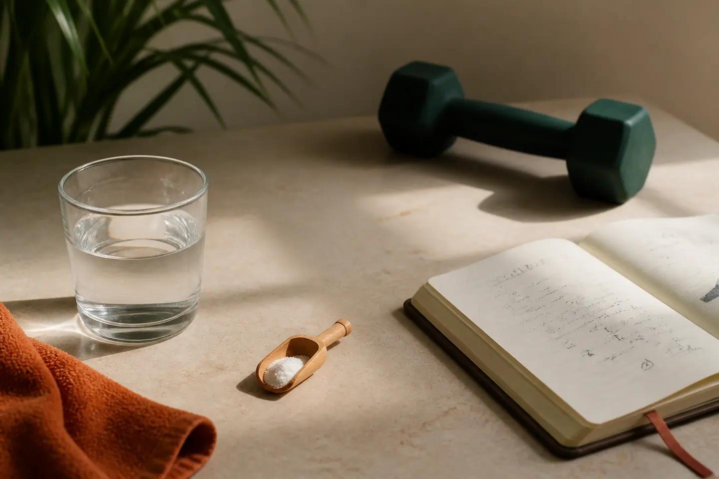 Vaso de agua y una pequeña medida de creatina junto a material de entrenamiento