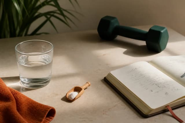 Vaso de agua y una pequeña medida de creatina junto a una libreta y una mancuerna